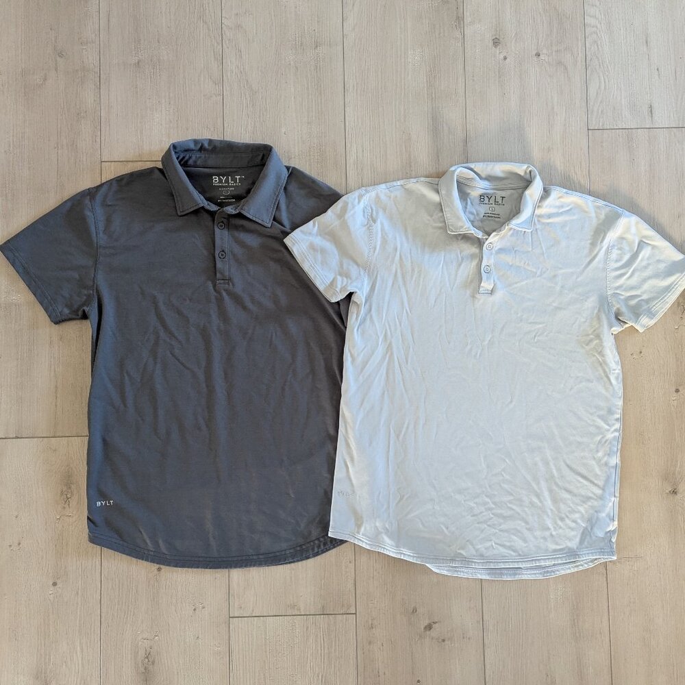 Lot Of 2 BYLT Drop Cut Short Sleeve Polo Shirts Mens Size L Grey Gray.
